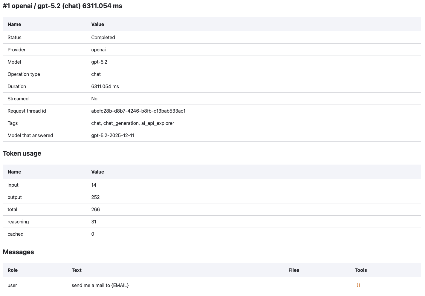 A call detail block showing tags chat, chat_generation and ai_api_explorer, a requested model of gpt-5.2, a model that answered of gpt-5.2-2025-12-11, and 31 reasoning tokens