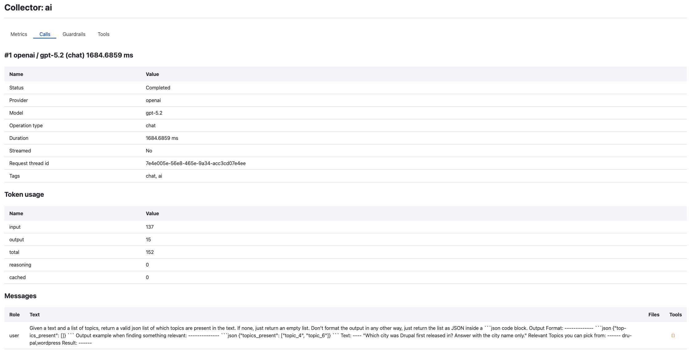 The Calls tab showing call #1 to openai gpt-5.2 in 1684.6859 ms, with status, operation type, request thread id, tags, token usage and the exchanged messages
