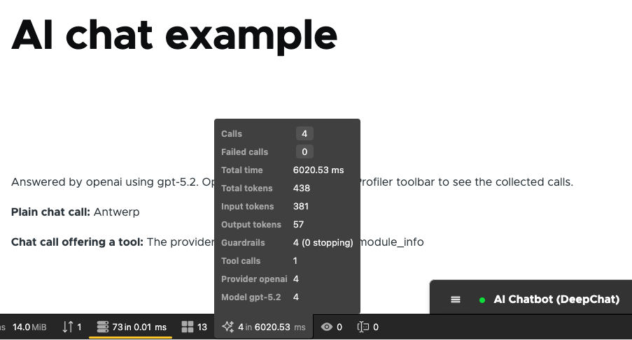 The WebProfiler toolbar on a Drupal page with an AI chatbot, showing an AI cell expanded into a summary of four calls totalling 6020.53 ms and 438 tokens
