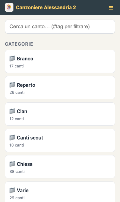 La home del reader con le categorie dei canti