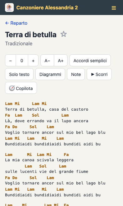 Un canto nel reader con gli accordi sopra il testo