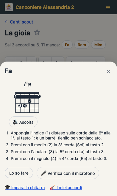 Un canto in modalità studente: la riga che dice quali accordi mancano e la scheda dell'accordo Fa aperta dal testo