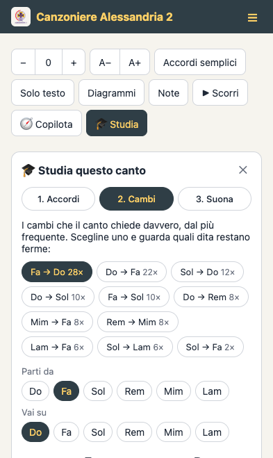 Il percorso «Studia questo canto» sul passo dei cambi, con i cambi del canto e il loro conteggio